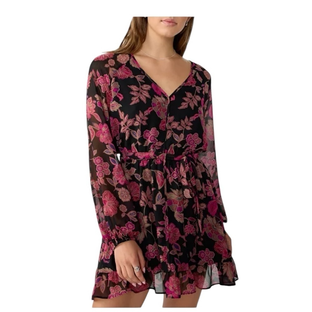 Sanctuary Floral Print V-Neck Long Sleeve Mini Dress Sensation Chiffon Dress